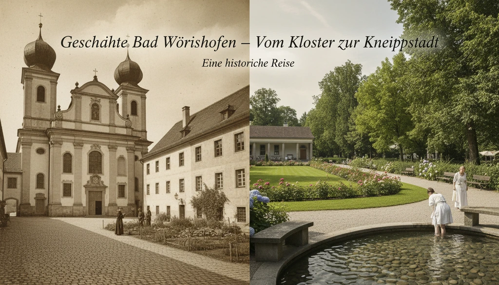 Geteiltes Bild mit historischer Klosteranlage links und modernem Kurpark mit Kneippbecken rechts.